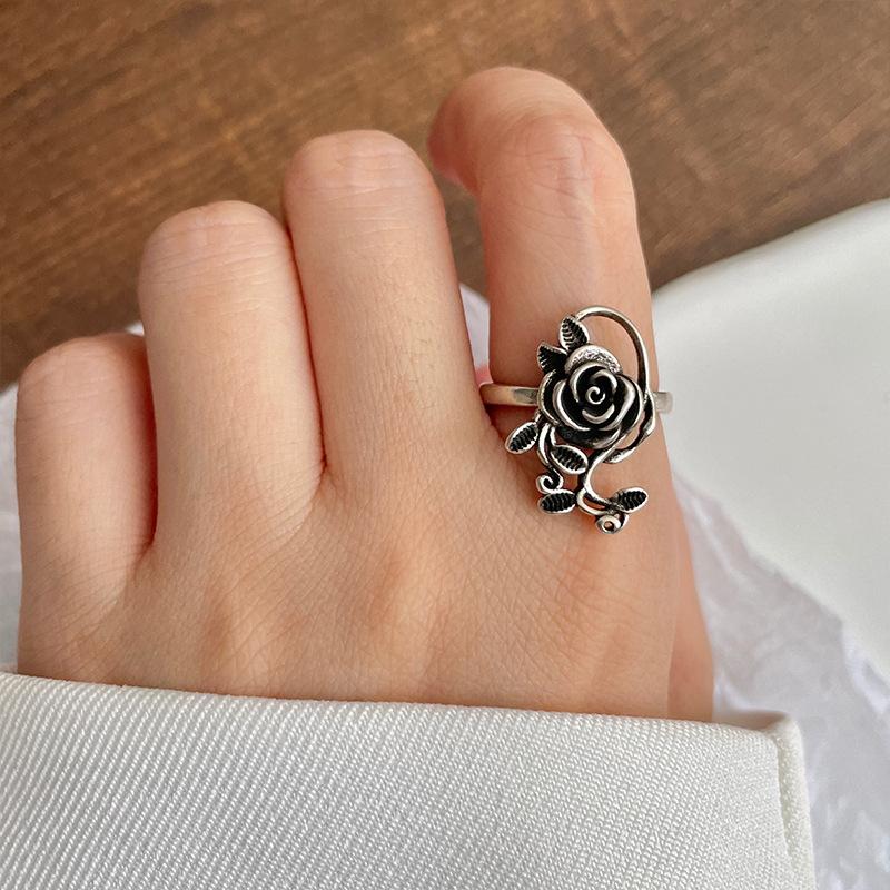 Buyee 925 Silver Rose Flower Open Ring for Women Elegant Fashion Jewelry Big Circle Gift Ethnic Fine Female