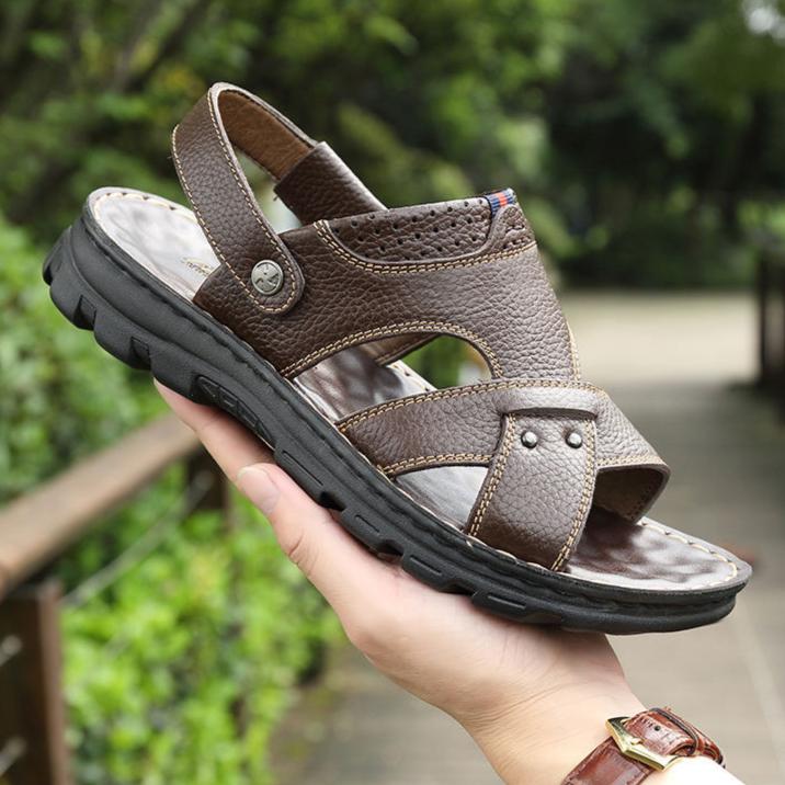 Thick Soled Massage Soled Sandals, Men's Genuine Leather Summer Sandals, Men's Casual Beach Shoes