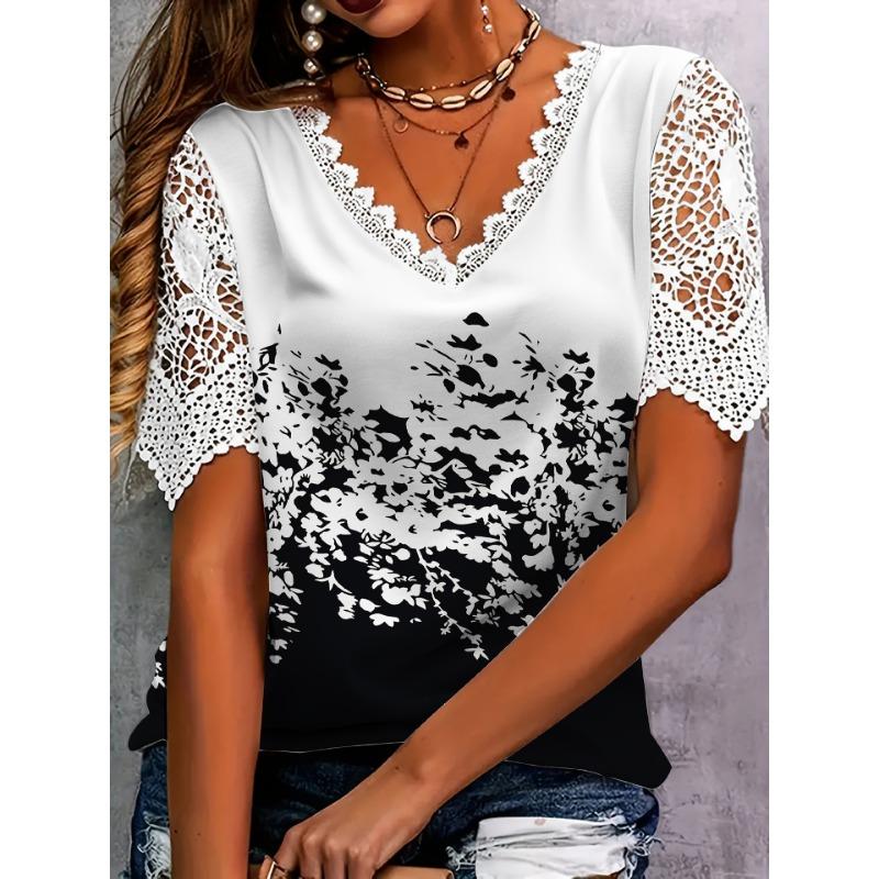 Women's Fashion Casual Summer Spring Flower Pattern Print Short Sleeve V-Neck Blouses & Shirts