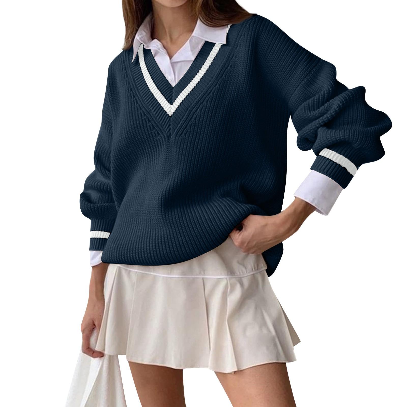 

Женский осенне-зимний повседневный свитер с контрастной строчкой и длинными рукавами, тонкий и свободный XXXL