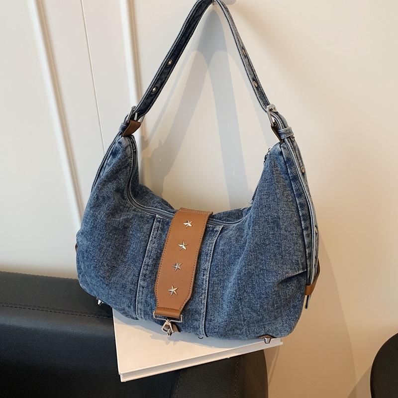 Vintage Large Capacity Denim Bag Women's Shoulder Underarm Bag Commuter Crossbody Bag