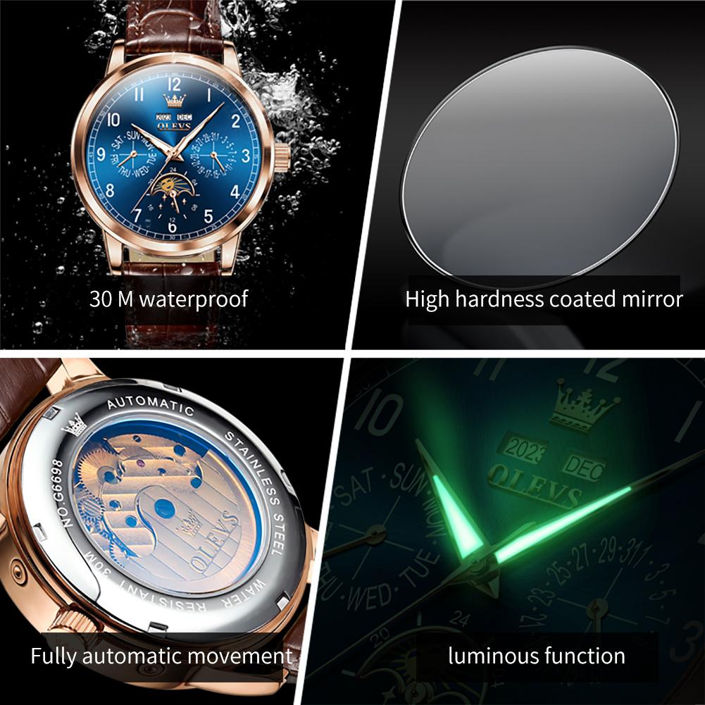 OLEVS 6698 Leder Arabische Ziffern OEM-Logo Multifunktional Mondphase Automatische Mechanische Uhr für Herren