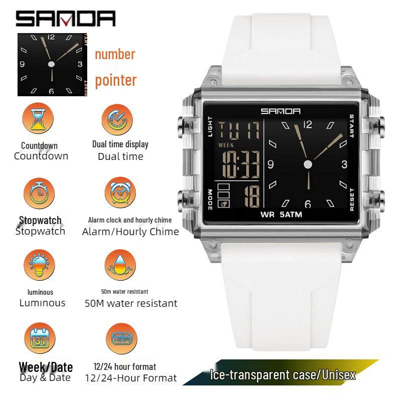 Sanda Dual Time Waterproof Transparent Sports Wristwatch with Colorful Single Display and Student Timer Function