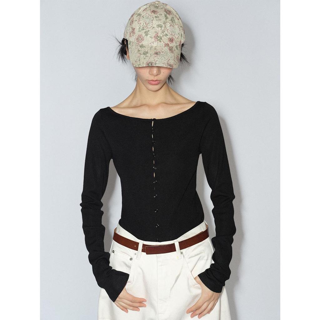 [Shi Shi] Women's Slim Fit Wool Cardigan - Boat Neck, Single-Breasted, Long Sleeve, Slightly Elastic, V8141