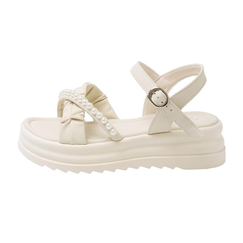 Muffin Platform Sandals Women's Summer Outer Wear Temperament Pearl Fairy Style Skirt Small Man Height Increase Word Sandals