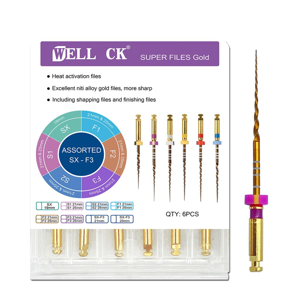 6 Pezzi Lime Endodontiche Dorate 19 21 25mm Flessibili Rotanti Canalare Radice Dentale Nichel Titanio