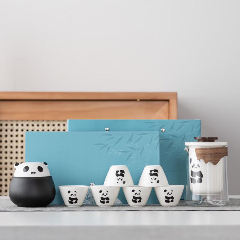 Panda Kung Fu Tea Set with Ceramic Cups 1 Pot 6 Cups & Tea Caddy