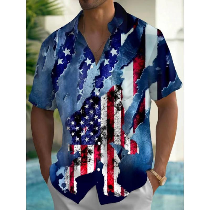 Mens Short Sleeve Casual Shirt Vintage Hawaiian Print Loose Fit Streetwear