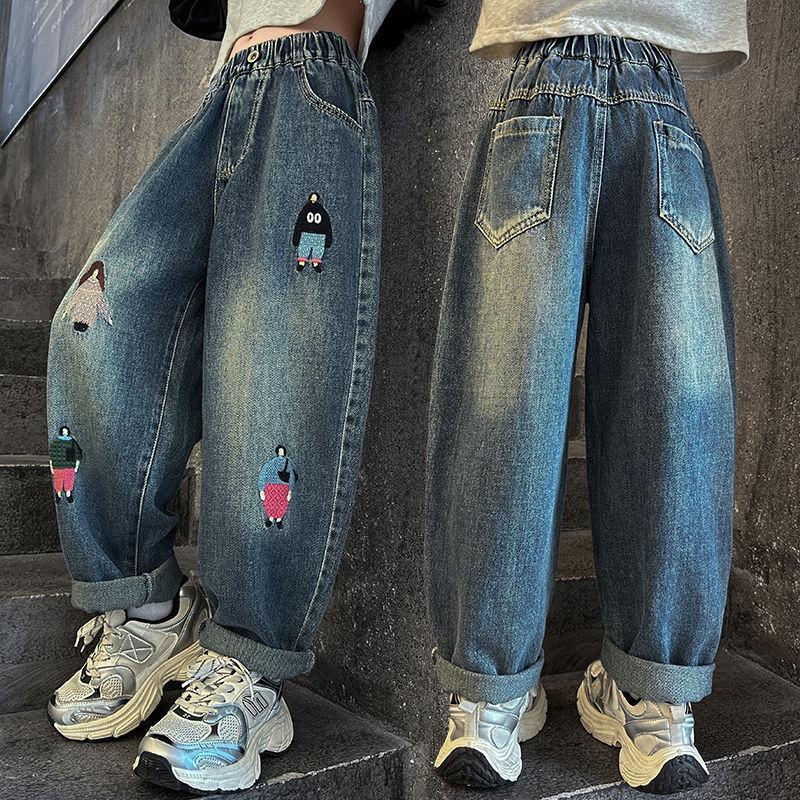 

Джинсы для девочек, брюки папы, стильная вышивка, прямые брюки-трубы, шаровары для девочек и мальчиков 130