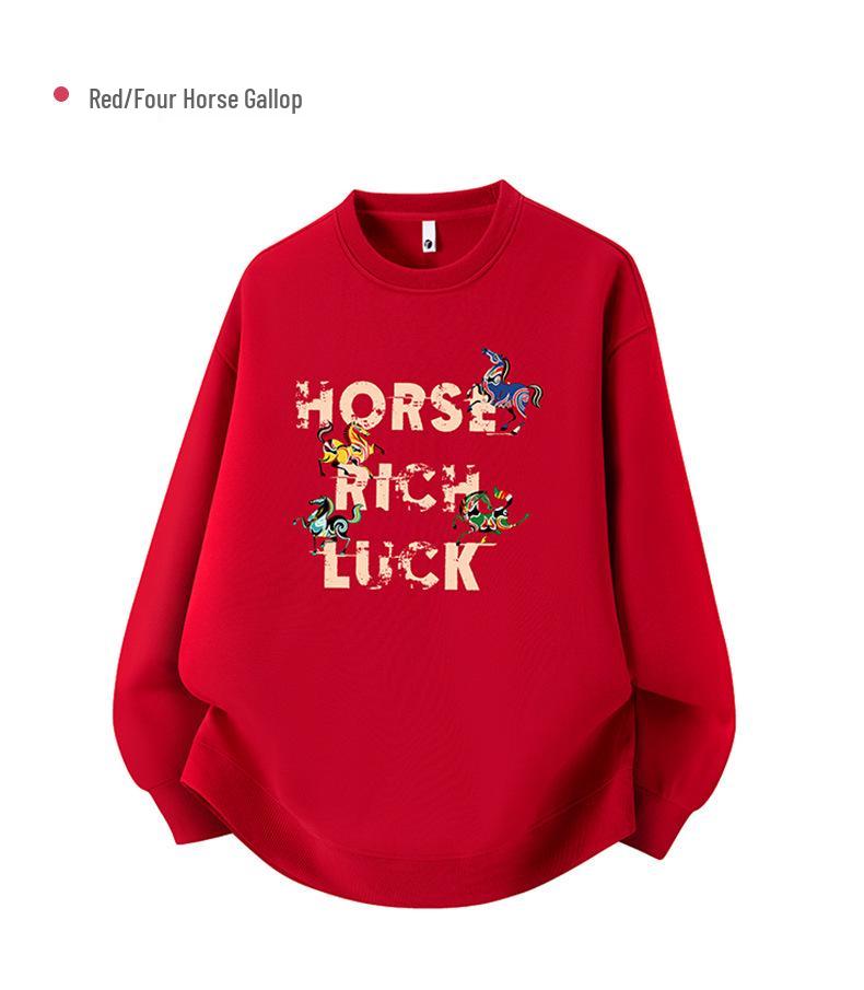 2025 Unisex Red Round Neck Year of the Horse Sweatshirt with Custom Logo, Thickened for Annual Meeting.