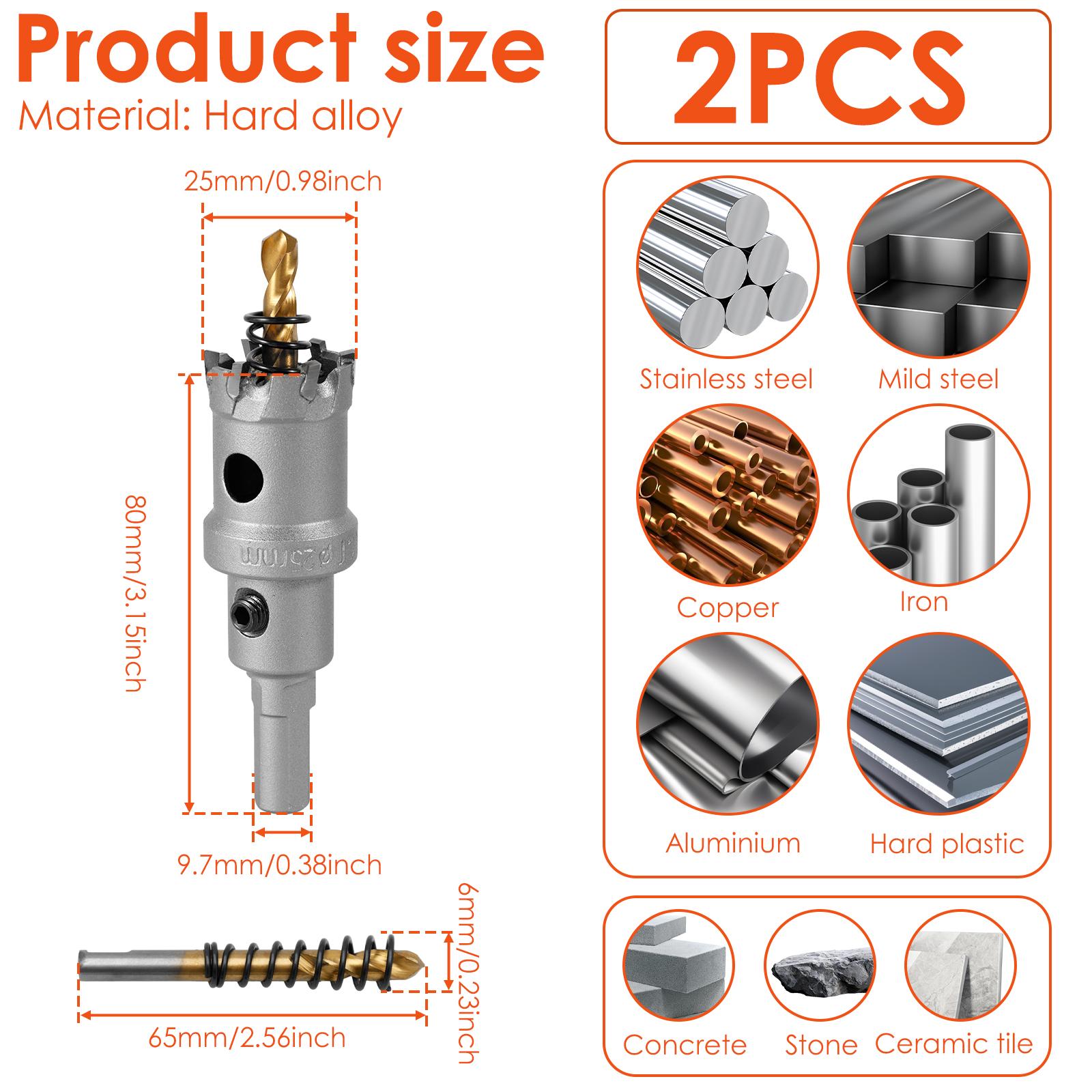 

2Pcs TCT Hole Saw Set 35/25mm Tungsten Carbide Tipped Hole Saw Cutter with Titanium-Plated Pilot Drill bit for Hard Metal Iron 2pcs