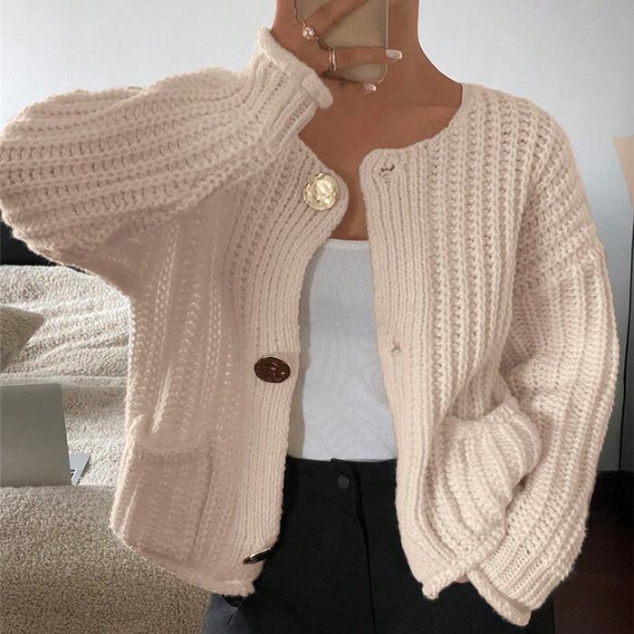 Damen Strickcardigan mit offener Vorderseite, einfarbig, langen Ärmeln, Rundhalsausschnitt und Tasche