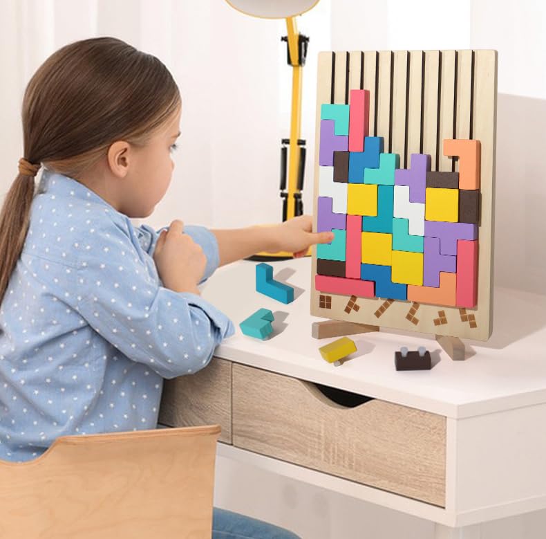 Wooden Colorful 3D Tetris Puzzle Building Blocks Educational Toy Montessori Thinking Skills Concentration Training for Boys Girls & & [Product]