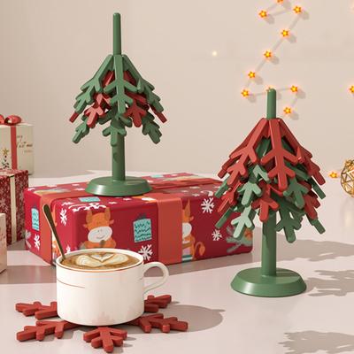 4Pcs Christmas Tree Coasters with Base Silicone Drink Coasters Thermal Pot Holder Insulation Pads for Table Protection Festive Decor