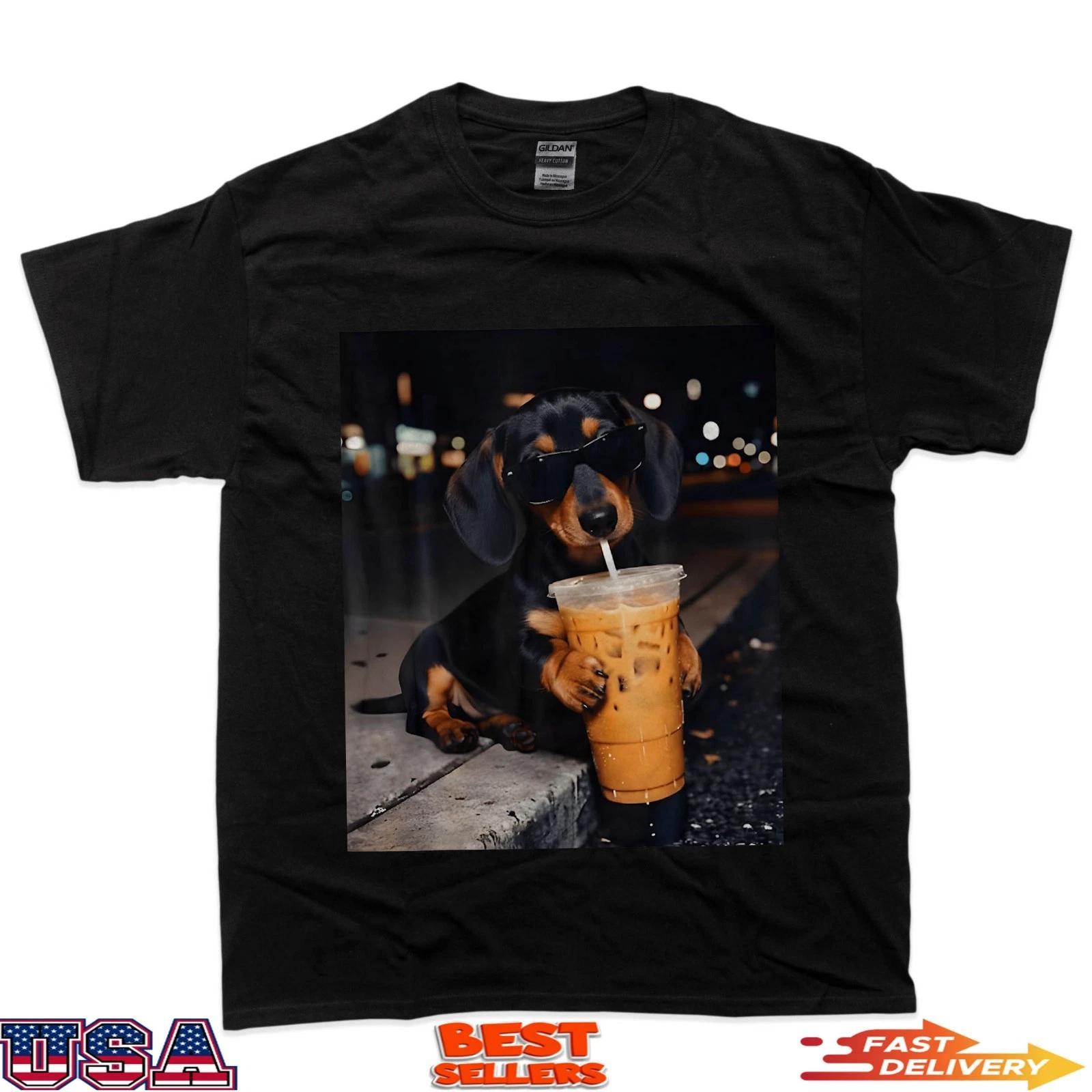 Funny Dachshund Drinking Iced Coffee Dog Meme T-Shirt 2XL