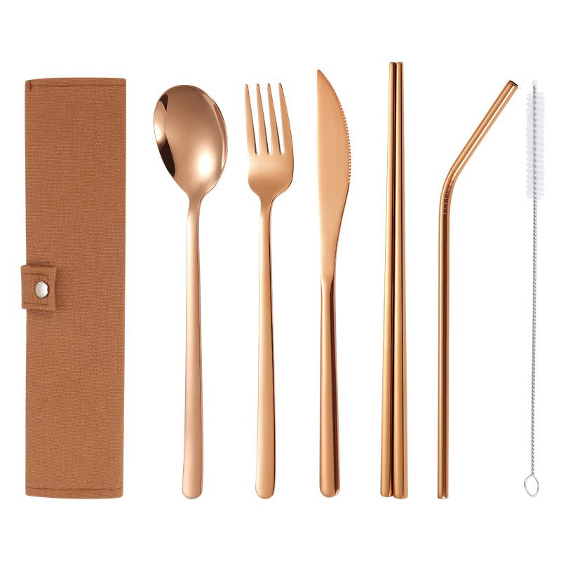 304 Stainless Steel Tableware Sets, Portable Tableware Bag, Knife, Fork, Spoon, Chopsticks, Straw, Full Sets, 6Pcs