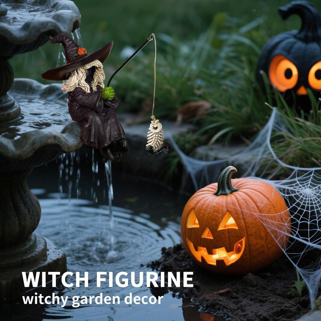 Witch Statue Resin Counter Figure Whimsical Gothic Fishing Witch Figurine for Yard Home Porch Kitchen Desk Indoor Bookshelf