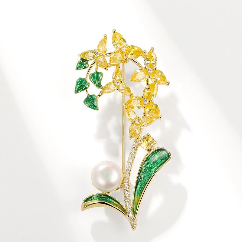 Elegant Zircon Orchid Brooch with Natural Pearl and Agate