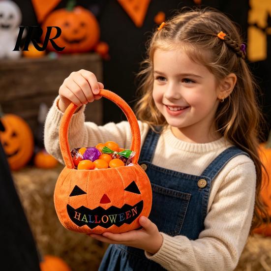 Cute Pumpkin Handbag Halloween Treat Bag, Portable Candy Tote for Kids, Large Capacity Comfortable Handle Trick or with Soft Handle, Party Favor Gift