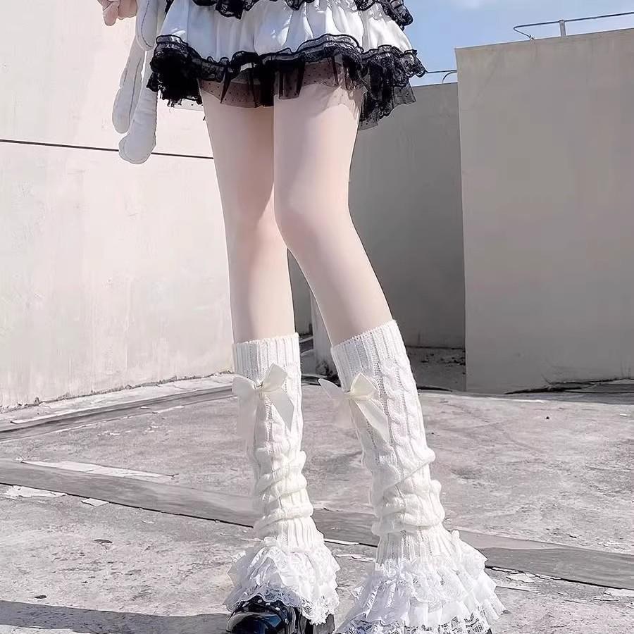 Calzini con Fiocchi e Volant a Motivo Floreale di Pizzo Lolita per Donna - Scaldamuscoli Giapponesi Carini a Metà Polpaccio