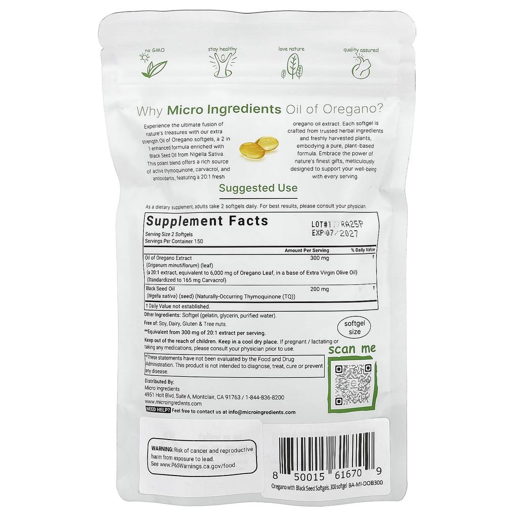 Micro Ingredients Oreganoöl mit Schwarzkümmelöl, 300 Softgelkapseln