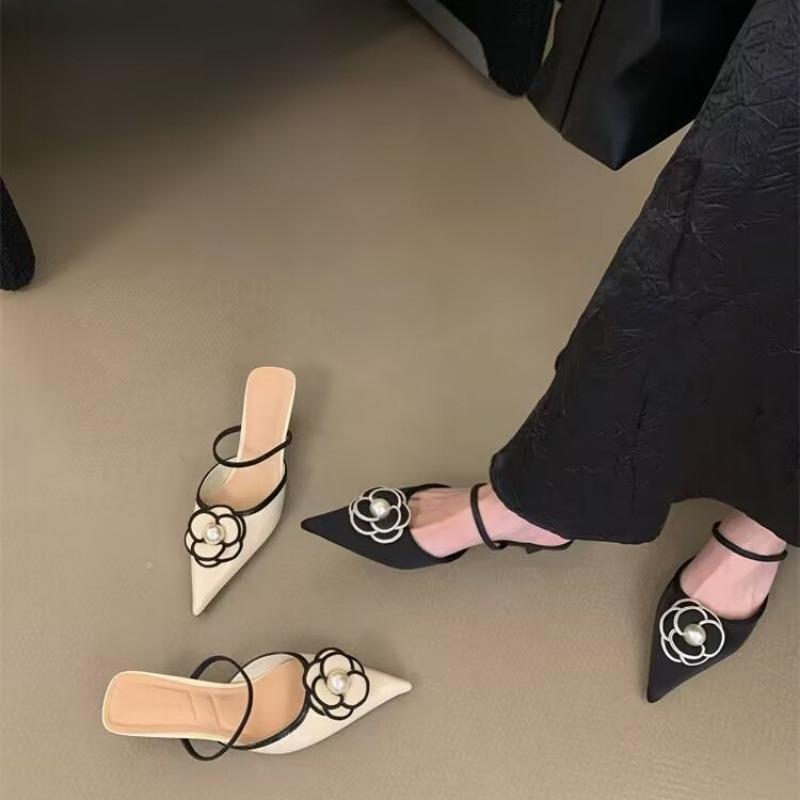Fashion Flower Pointed Toe High Heels Women Luxury Designer Sandals Female Summer Elegant Fashion Pumps Woman Flower Mule Slippers Women