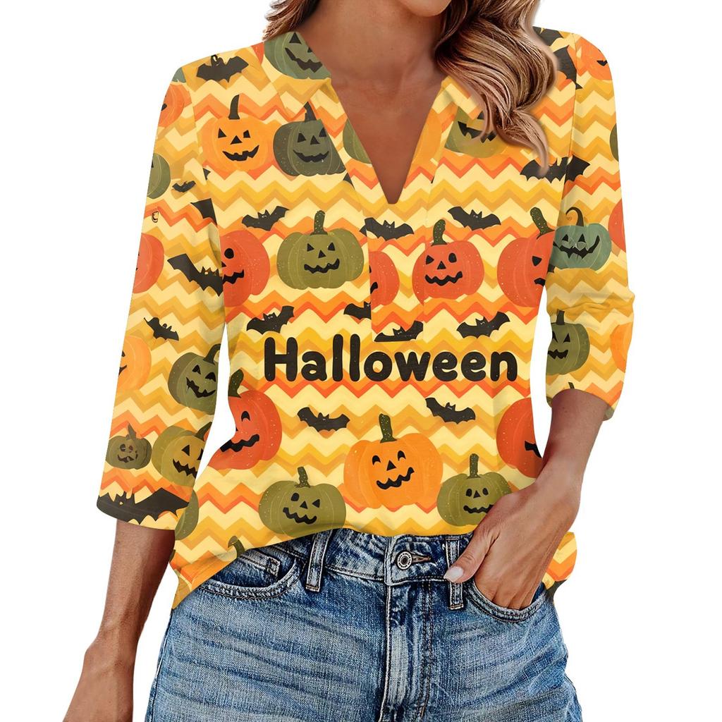 Mote dame casual jakkeslag 3/4 erme Halloween-trykk skjorte dame V-hals topper