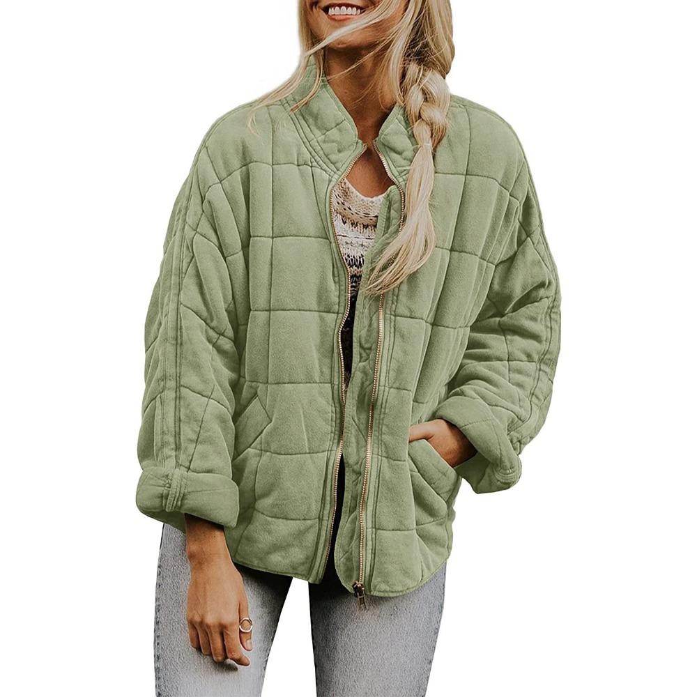Women's Stand Collar Long Sleeve Jacket Oversized Casual Polyester Quilted Coat Solid Color Pocket Padded Outerwear