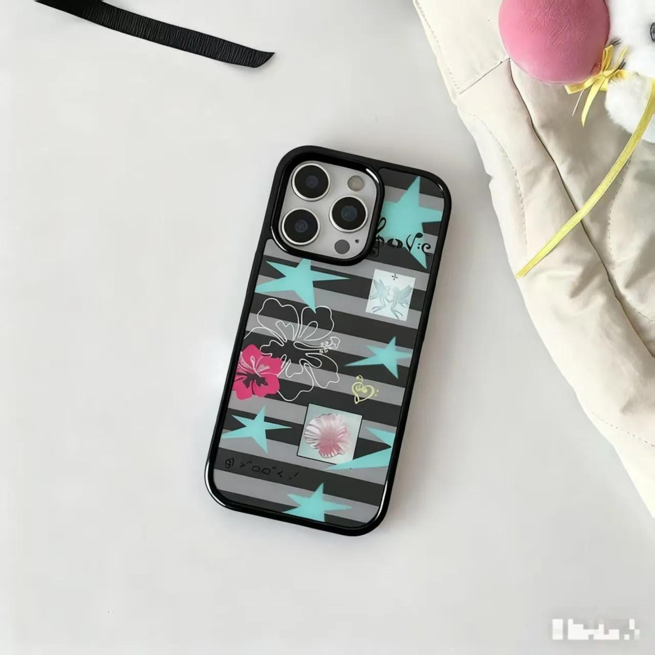 Ins Trendy Stripes Blue Stars Flower Cute Phone Case For iPhone 17 AIR 16 15 14 13 12 11 Pro MAX Y2K Cover iPhone 11PRO чёрный