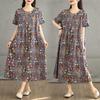 Summer Retro Cotton and Linen Round Neck Short Sleeved Dress, Women's Loose Skirt