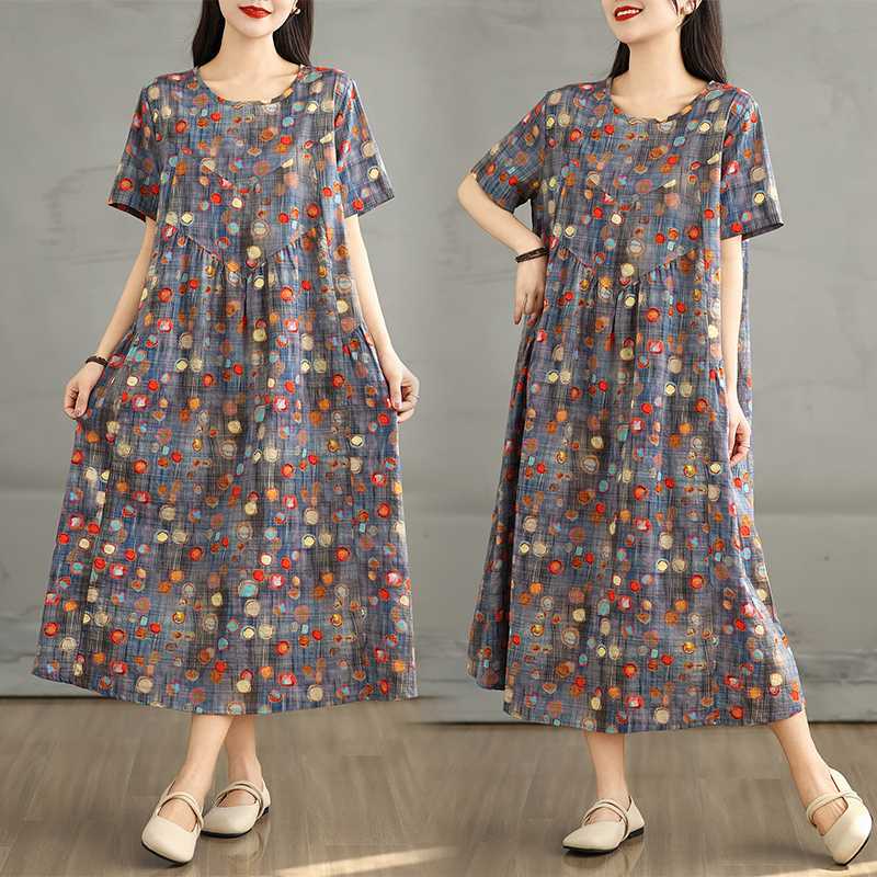 Summer Retro Cotton and Linen Round Neck Short Sleeved Dress, Women's Loose Skirt