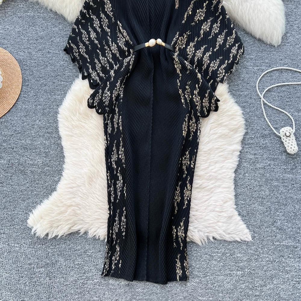 Jarní podzimní dámské elegantní 3D květinový tisk Miyake s přehybem a netopýřím rukávem, nadměrné volné skládané šaty s páskem