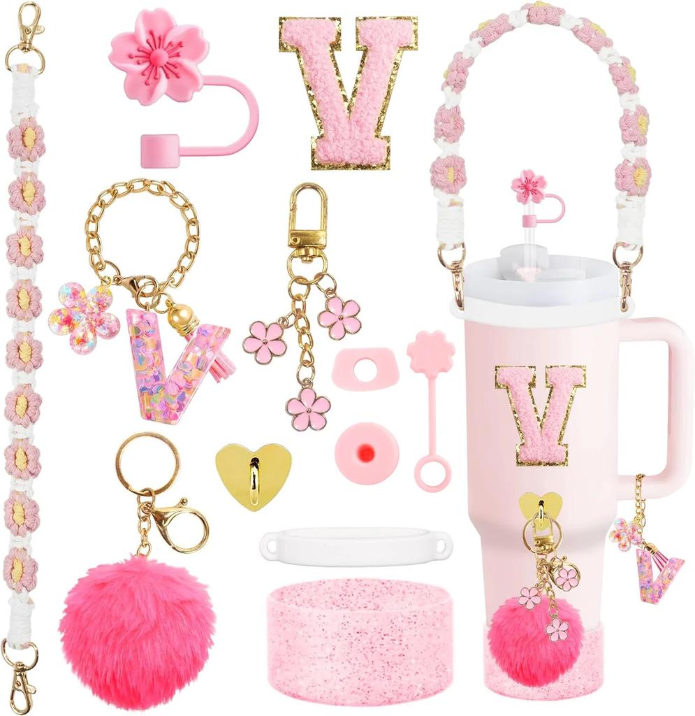 12PCS Cup Accessories for Stanley Cup,Straw Cover Cap 30oz 40oz Water Bottle Handle Strap,Boot,Chains,Personalized Sticker