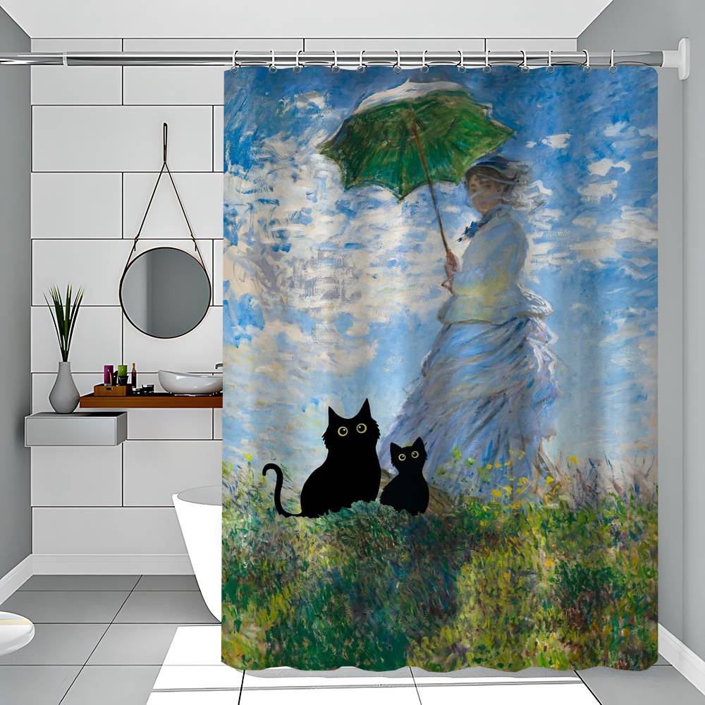 

Claude Monet Artworks Interesting Cute Black Cat Simple Shower Curtain Bathroom Shower Curtain Easy To Clean Scrub Polyester 90x180 cm