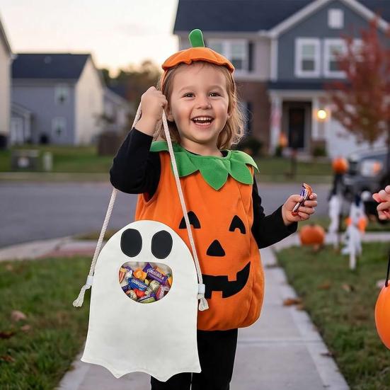 jijijing Halloween Trick or Treat Candy Bag for Kids, Cute Ghost with Handle, Oxford Cloth Snack Holder Party Favors