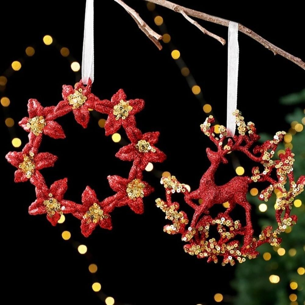 Gold Sequin Christmas Tree Pendant Butterfly Knot Girl Glitter Snowflake Elk Ornaments Ice Bar Dragonfly Christmas Decorations