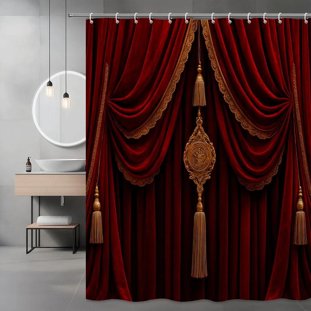 

Luxury Red Velvet Theater Curtain Shower Curtain Machine Washable All Season Waterproof Privacy Protection Free Hooks Included W60H190(CM)-1 Pcs