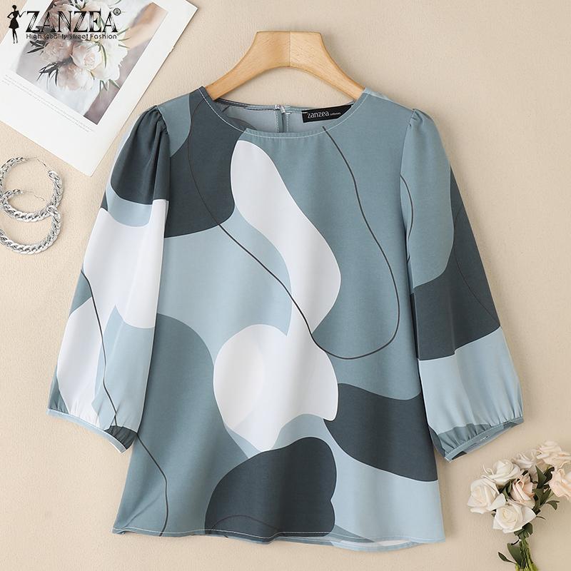 ZANZEA Women Casual Round Neck 3/4 Sleeve Loose Print Blouse
