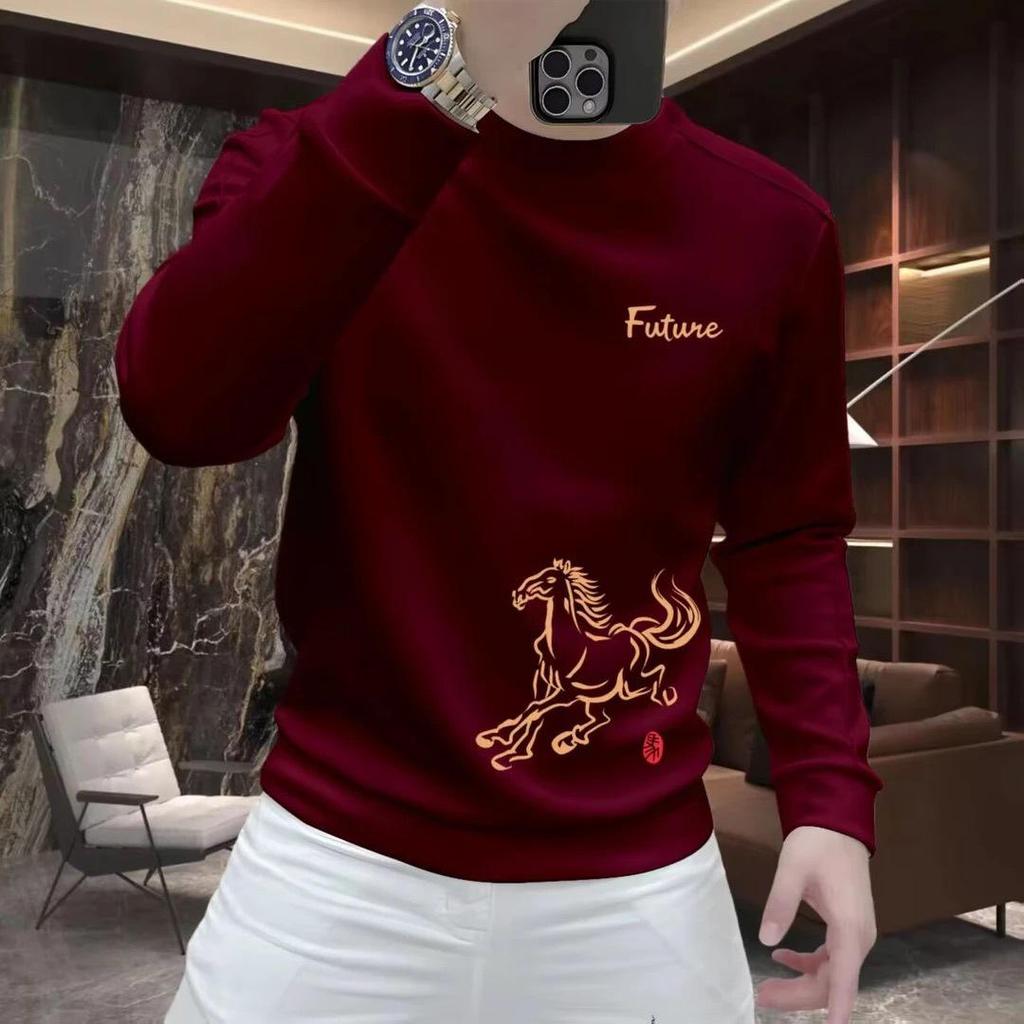 2026 Year of the Horse Red Velvet Men's Zodiac Hoodie - Trendy, Festive, Casual Slim Fit Layer