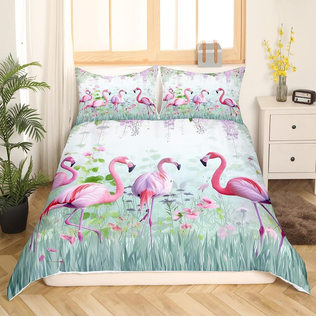 Pink Flamingo Bedding Set Palm Leaves Printed Decor Duvet Cover Twin Size Tropical Green Plants Floral Pattern Nature Themed