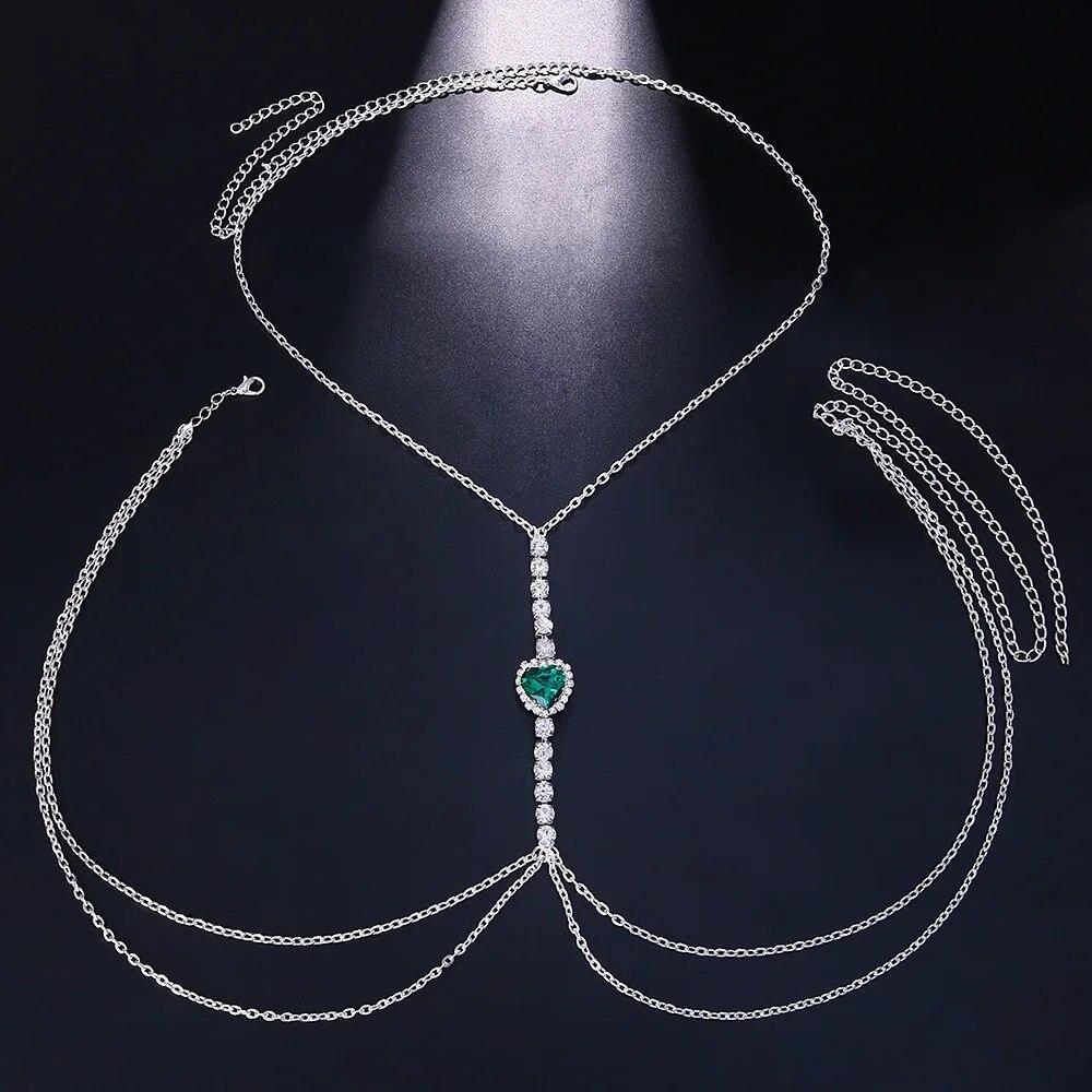 Sexy Green Crystal Chest Chain Harness Stainless Steel Belly Waist Chain Body Jewelry Necklace For Women Clothing Accessories