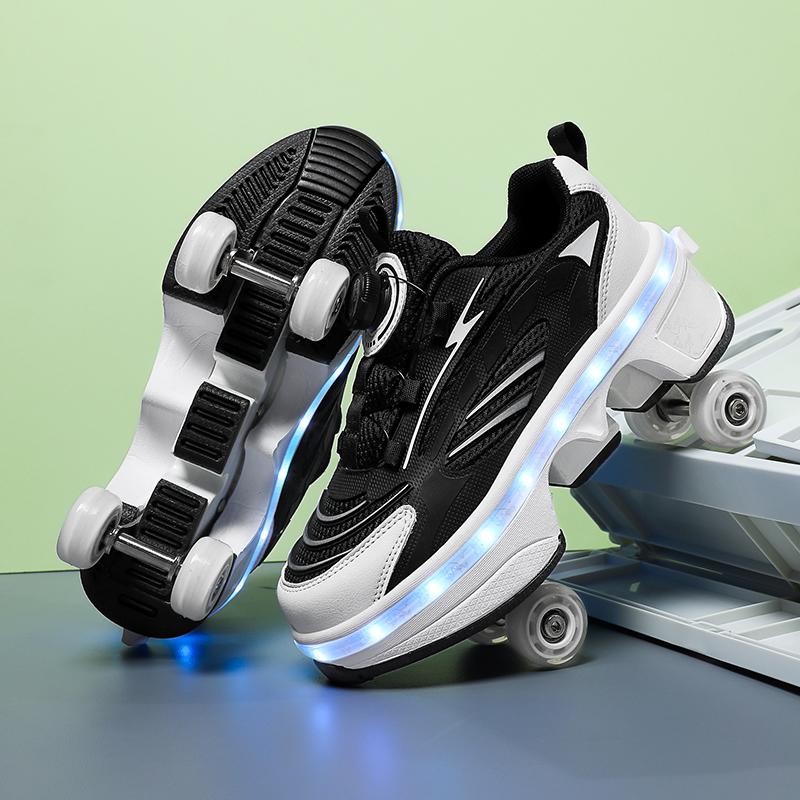 Scarpe da pattinaggio a rotelle a quattro ruote a doppia fila LED Flash Scarpe a rotelle a doppio uso Uomo Donna Sneakers casual Scarpe sportive per passeggiate con il cane