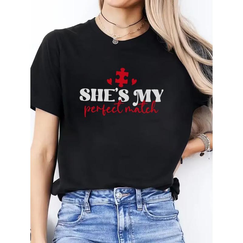 

European sizes Women S She S My Perfect Match Graphic Tee - Soft, Breathable, Casual Short Sleeve T-Shirt for Fitness & Outdoor Activities 4XL чорний