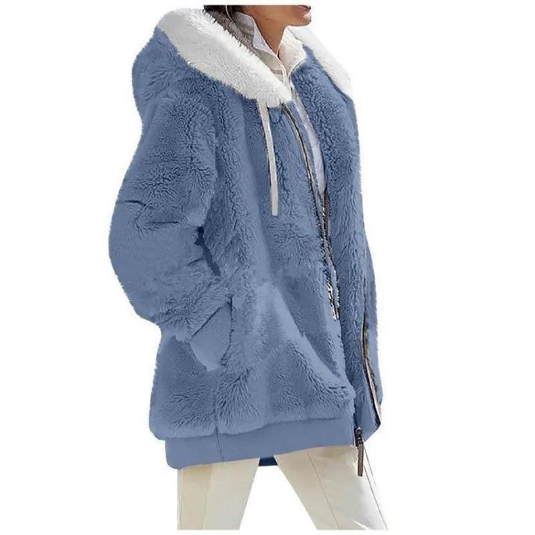 Giacca Casual da Donna in Pile con Cappuccio Cappotto Monocolore Caldo Cappotti in Cashmere Giacca con Zip Moda Abbigliamento Donna Autunno Inverno