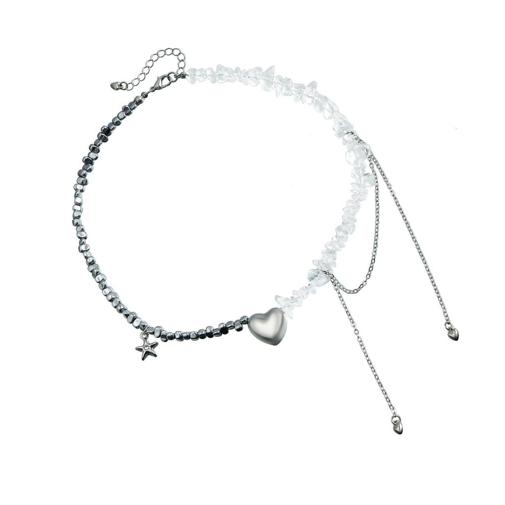 Fashionable Heart Pendant Necklace with Starfish Tassels Stylish Beaded Women Clavicle Chain Casual Outfit Accessory