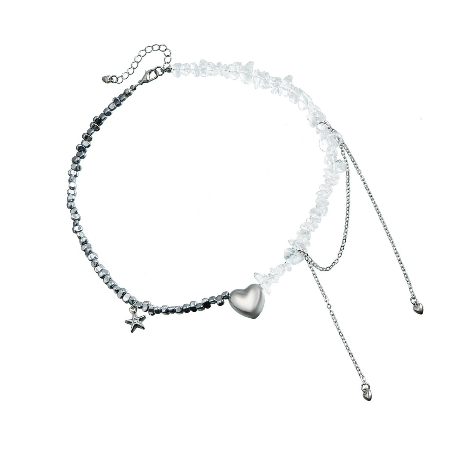 

Модное ожерелье с кулоном в виде сердца и кисточками из морских звезд. Стильная цепочка на ключицу с бусинами. Аксессуар для повседневного наряда.
