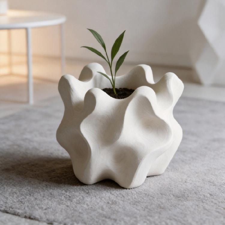 3D Printed Flower Pot Wavy Textured Planter With Nonslip Base For Indoor Greenery And Stylish Interior Decors
