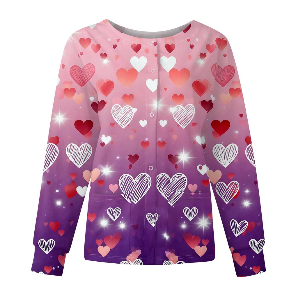 Women's Casual Fashion Long Sleeve Standing Collar Single Breasted Valentine's Day Print Workwear Jacket Tops
