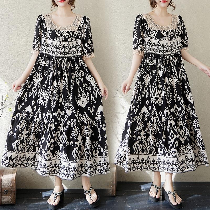 DIMANAF 2025 New Summer Women Plus Size Vintage Printing Dress Loose Elegant Basic Casual Long Dress Maxi