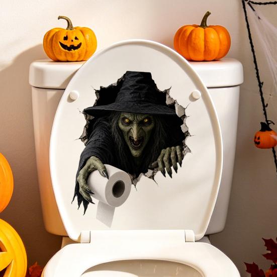 Removable Adhesive Toilet Clings Spooky Crack Ghost Tank Lid Sticker, Halloween Horror 3D Broken Wall Zombie Indoor Scene Setters Seat